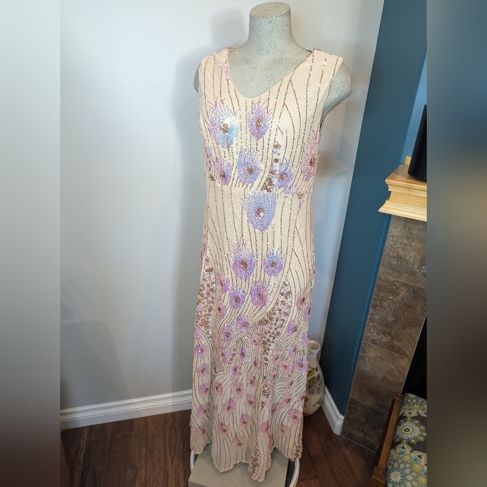 Women's Vintage Peacock Sequin Formal Dress V Neck Party Prom Evening Gown 1x - Picture 9 of 16